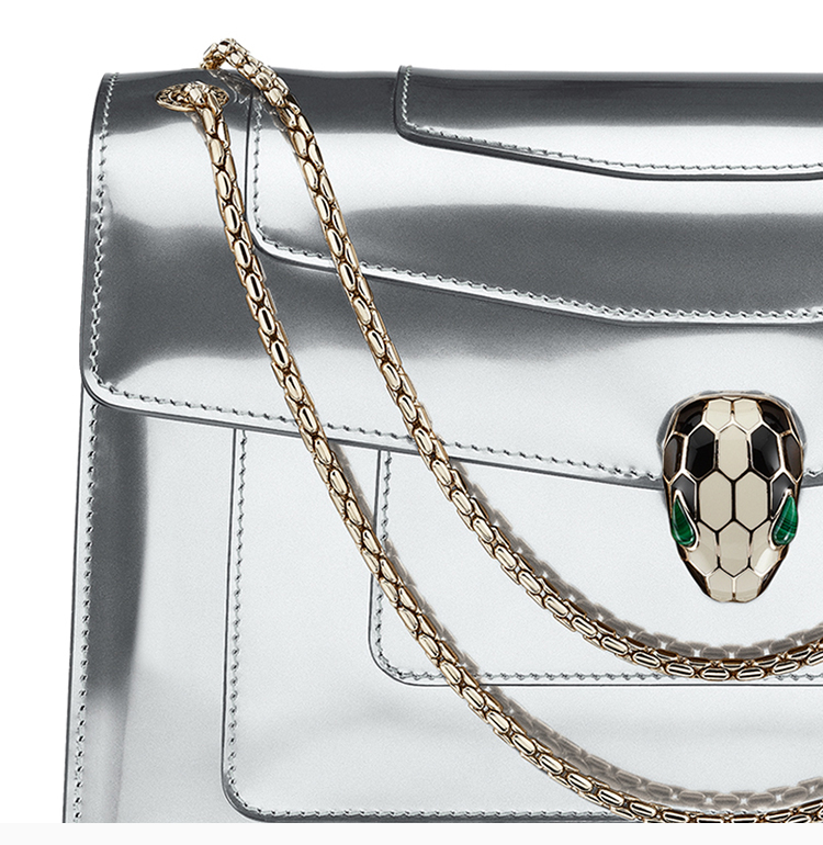 bvlgari宝格丽serpentiforever系列女士银色金属质感小牛皮蛇头包单肩