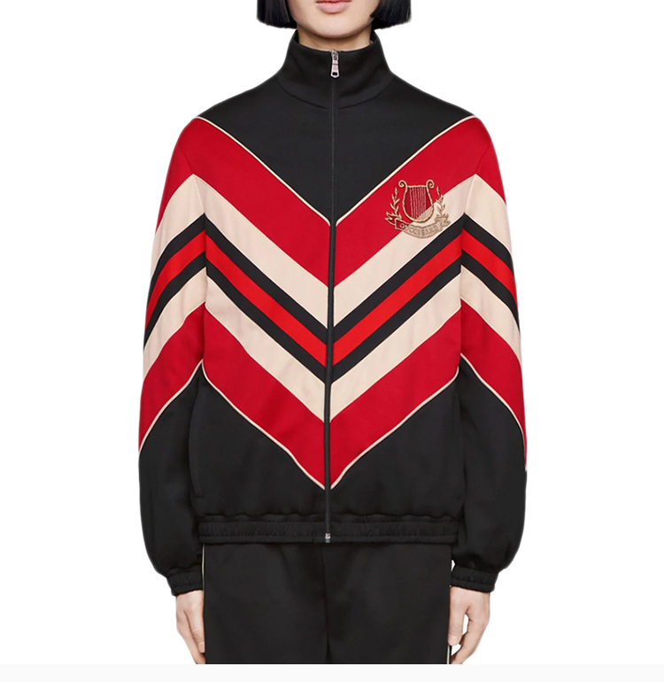 gucci /古驰 女装 服饰 黑色涤纶高领波浪条纹休闲远动女士夹克