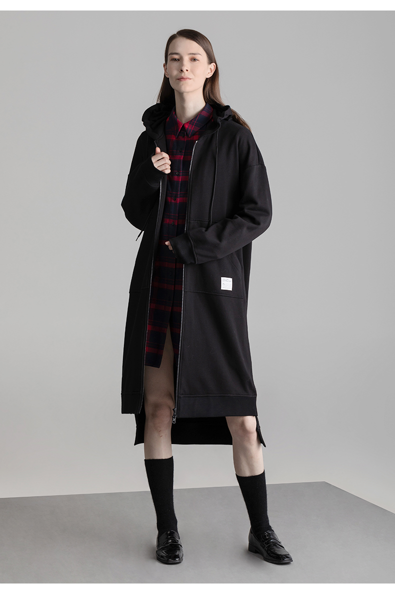 pacmiro/pacmiro女装 女士大衣/秋冬新款不对称连帽长外套纯棉炭黑色