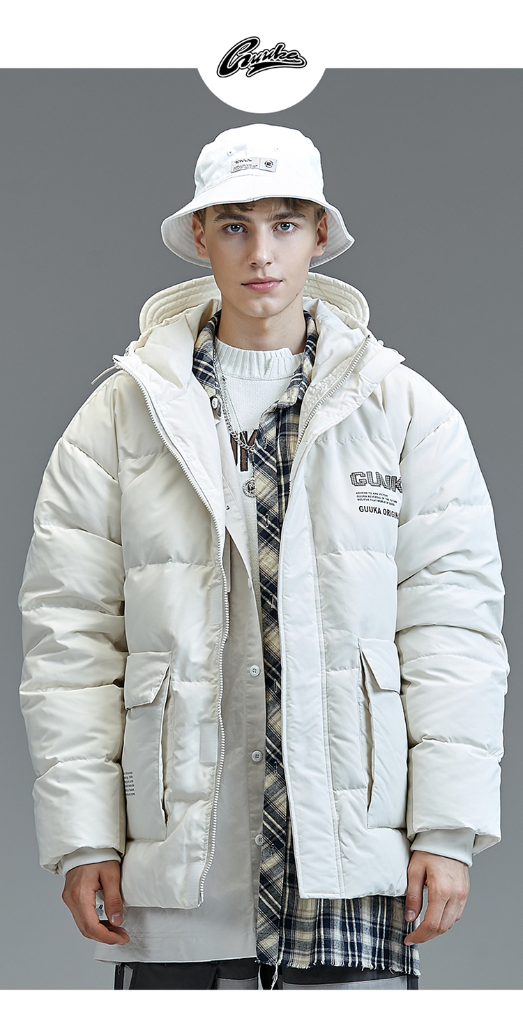 guuka 潮牌 羽绒服 男士 外套 冬季 加绒 米白色 男 运动 潮 冬季