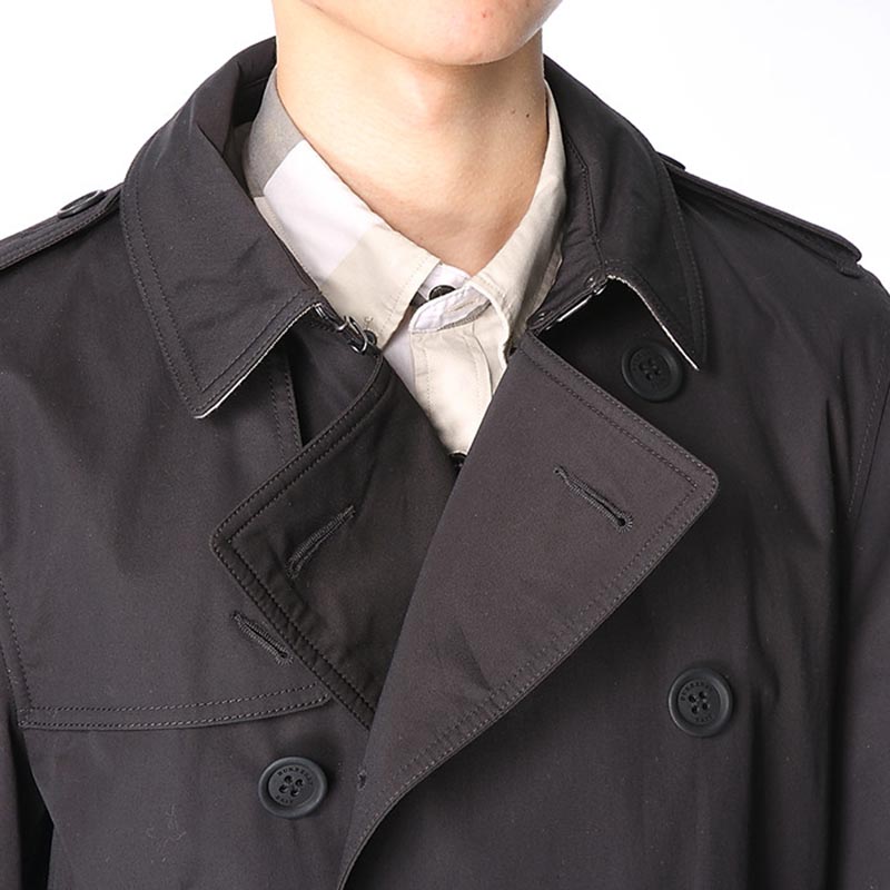 burberry/博柏利 男装风衣 brit系列男士黑色中长款格纹领口双排扣棉