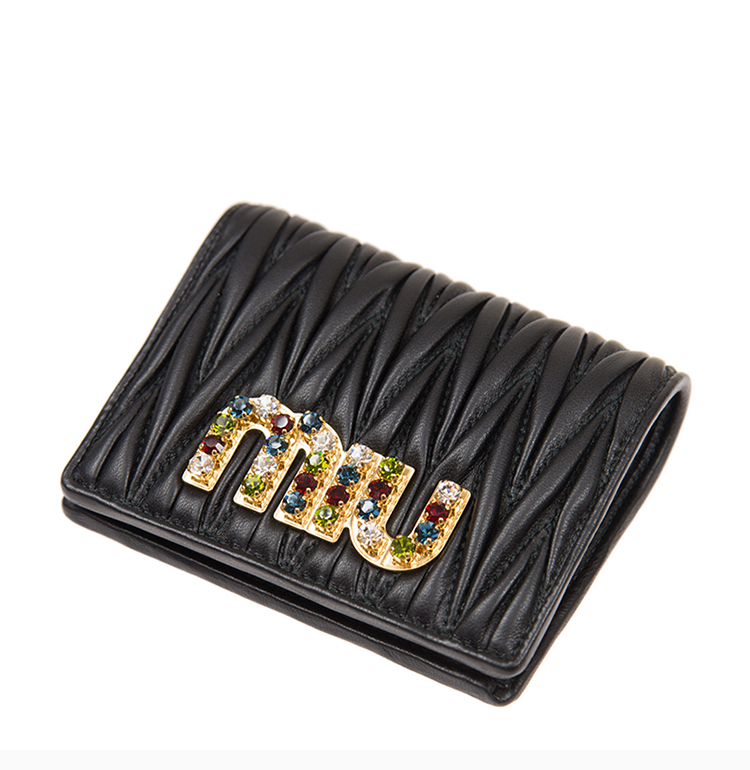 miumiu/缪缪 女士黑色色彩水晶logo折叠皮革短款钱包钱夹女包 5mv204