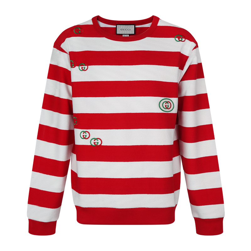 gucci/古驰 19秋冬 男女同款 条纹红绿刺绣双g上衣男士针织衫/毛衣