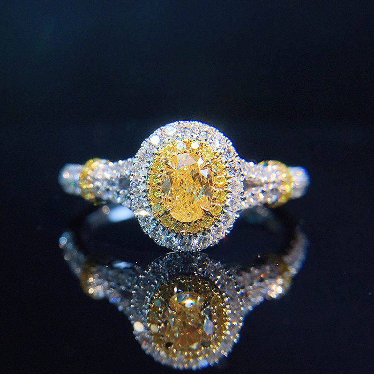 zocai/佐卡伊 白18k金群镶轻奢钻戒椭圆形黄钻彩钻钻石戒指 定制