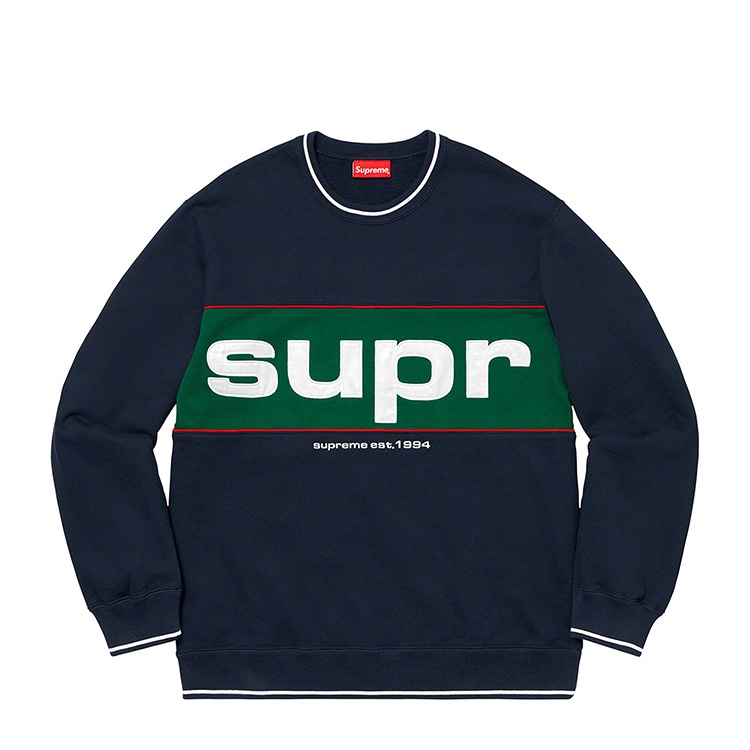 supreme 19fw piping crewneck 撞色 前后大logo 圆领 卫衣