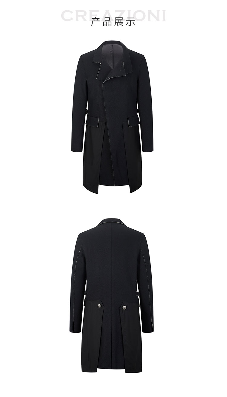 creazioni/克莱切尼男士大衣黑色羊毛个性拼接设计时尚男士中长款毛呢