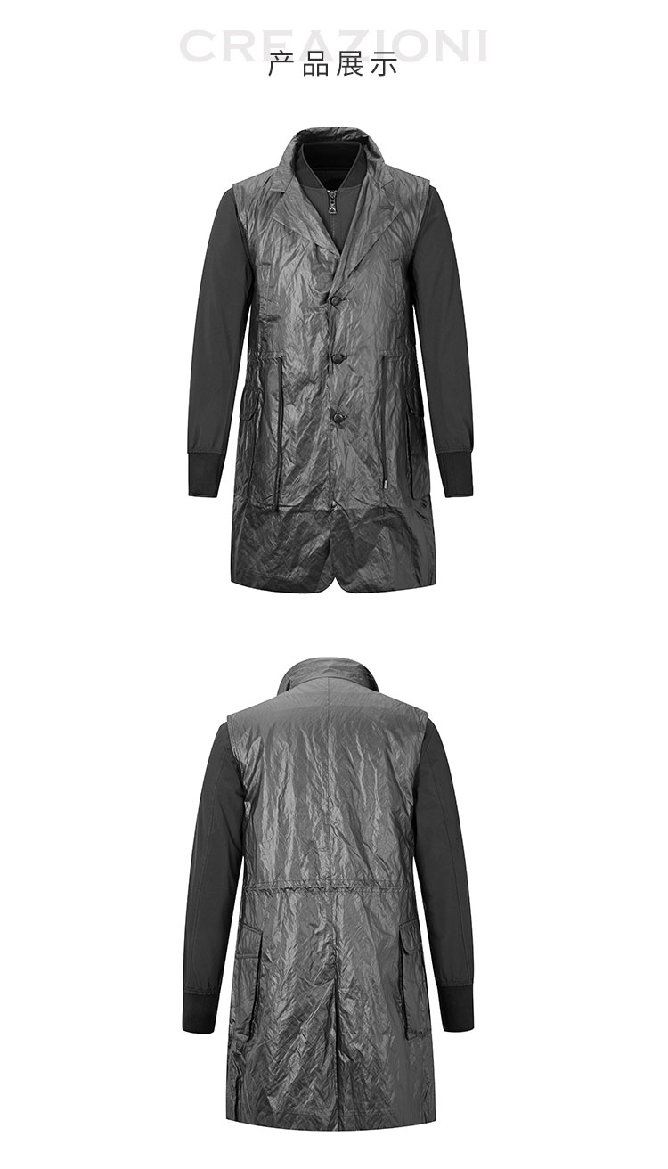 creazioni/克莱切尼男士棉服黑色时尚拼接男士中长款棉服青蛙男装