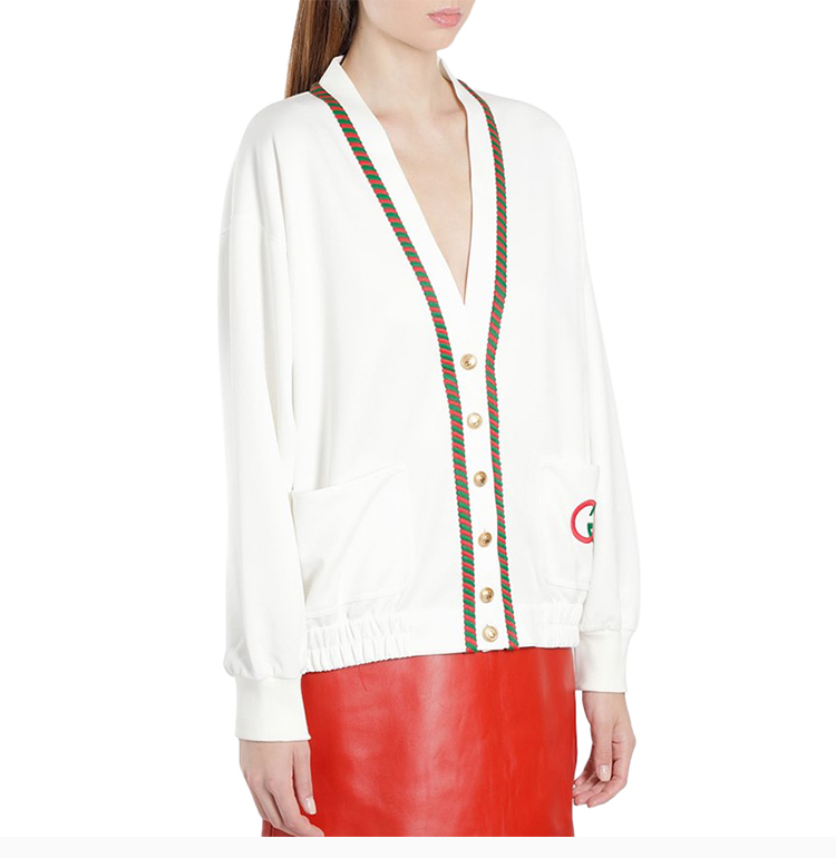 【包税】gucci 古驰 19秋冬 女士白色双g印花开衫系扣时尚外套针织衫