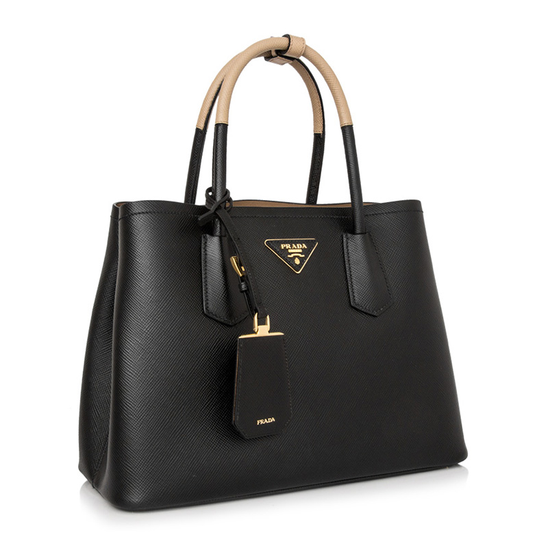 prada/普拉达 女士十字纹 saffiano皮革拼色单肩斜挎手提包 【ab级】