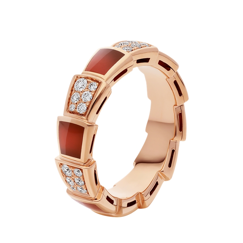 【包税】bvlgari/宝格丽 经典款红玉髓 18k金玫瑰金带钻 中号蛇形戒指