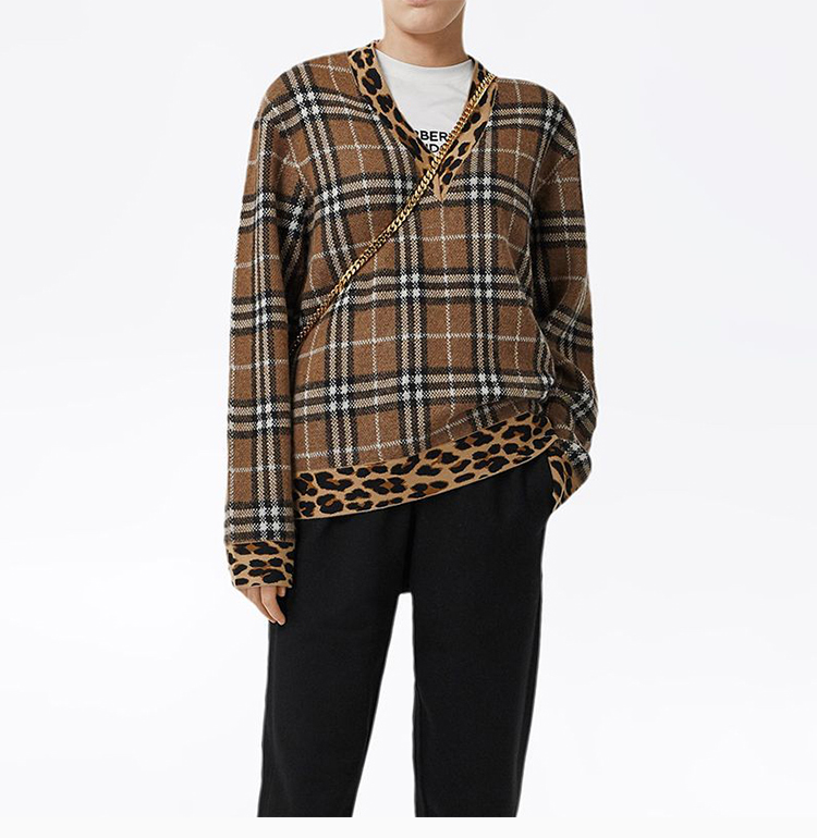 burberry/博柏利 女装 服装 棕色羊毛经典复古格纹时尚v领豹纹 女士
