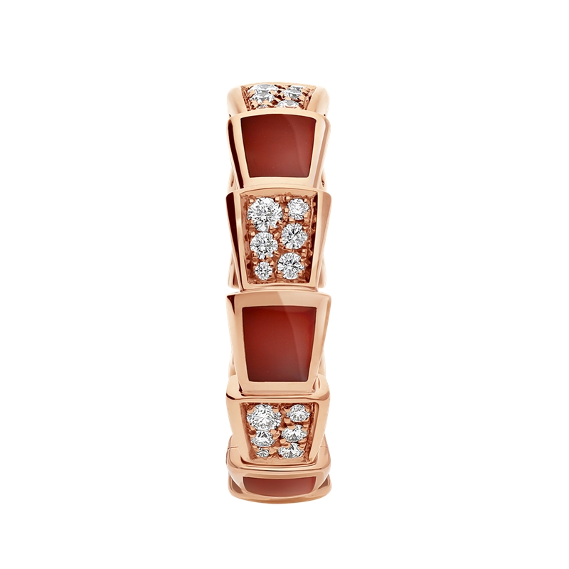 【包税】bvlgari/宝格丽 经典款红玉髓 18k金玫瑰金带钻 中号蛇形戒指