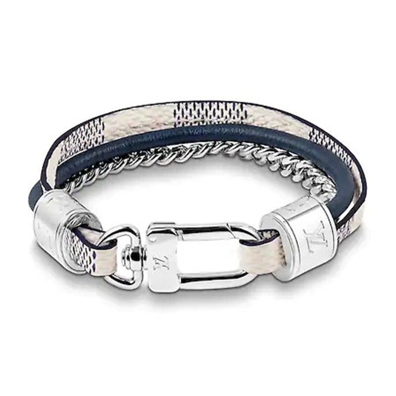 lv路易威登男饰品链条手镯三重材质风华小牛皮边染帆布精致银色链条