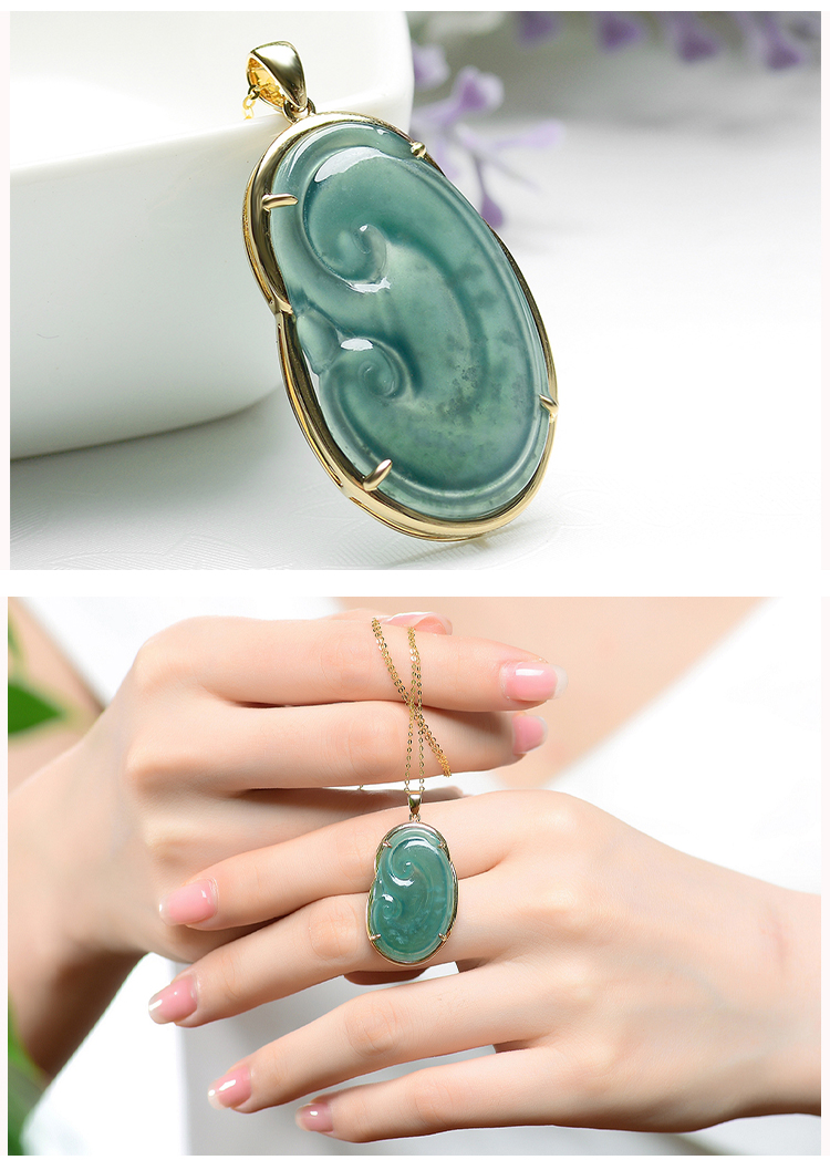 cuiyajinlou/翠雅金楼18k金镶天然a货蓝水飘雪花棉如意翡翠吊坠玉坠k