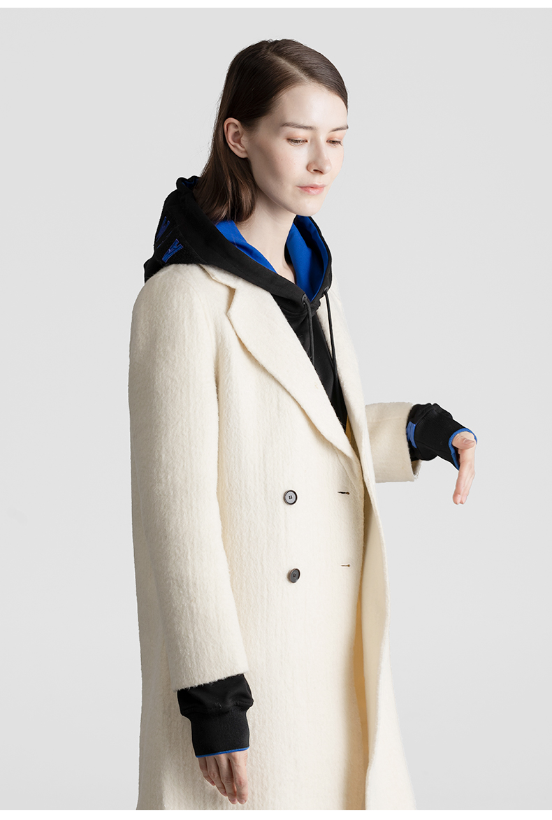 2019新款小香风通勤翻领外套 澳毛混纺米白色 中长款毛呢大衣