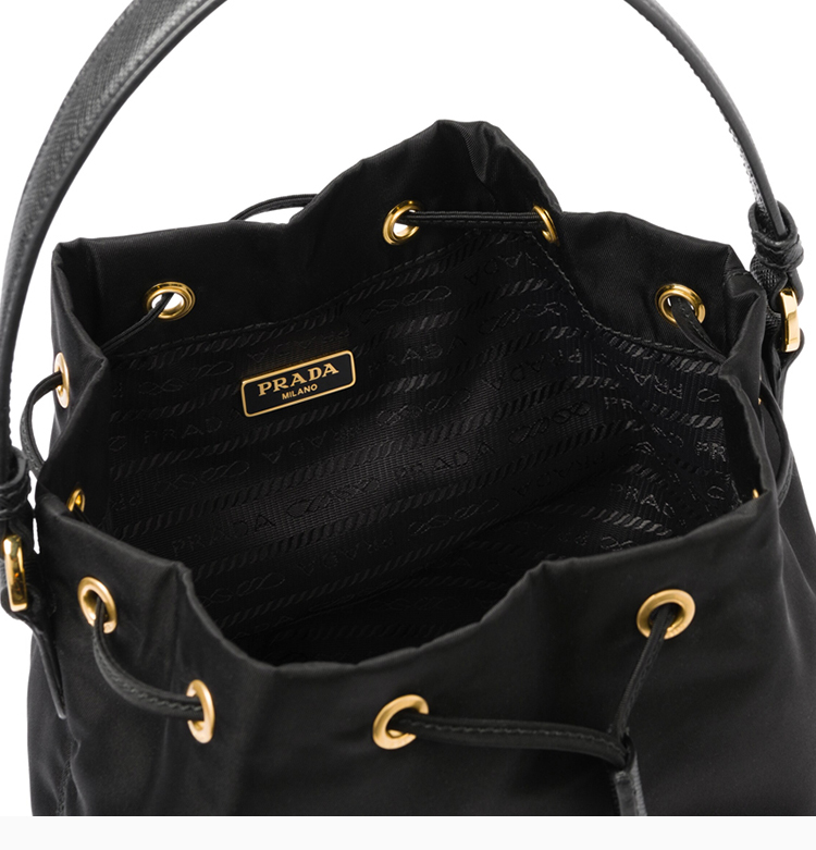 prada/普拉达 女士黑色皮革涂珐琅徽标装饰时尚单肩包水桶包手提包斜