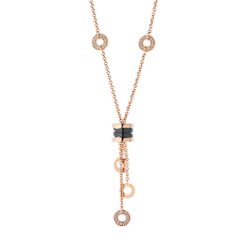 zero1系列 18k金玫瑰金嵌黑陶瓷满钻流苏 弹簧小蛮腰项链 347578