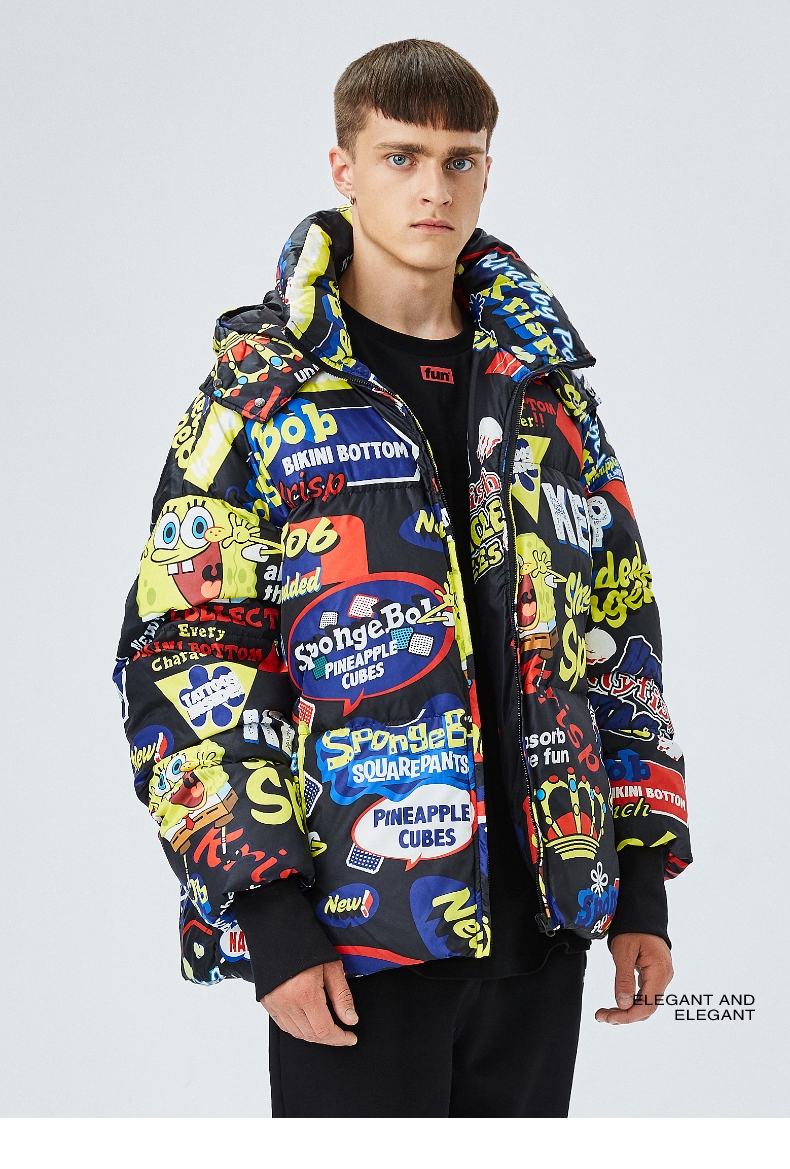 fun潮牌秋冬新款青年短款外套男海绵宝宝联名时尚彩色保暖立领羽绒服