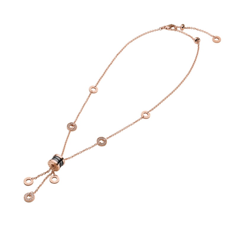 zero1系列 18k金玫瑰金嵌黑陶瓷满钻流苏 弹簧小蛮腰项链 347578