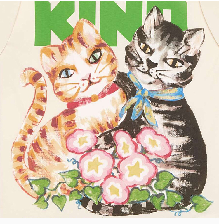 gucci/古驰 19秋冬 女士米白色棉质猫咪印花短袖t恤