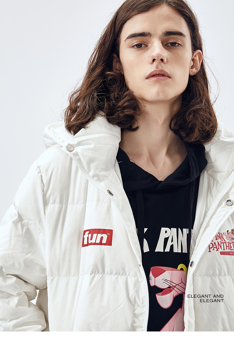 fun潮牌2019秋冬新款白色长款连帽毛领羽绒服粉红豹休闲宽松外套