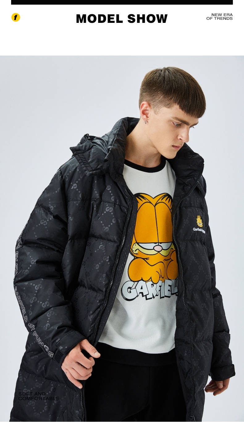 fun潮牌男装秋冬新款加菲猫黑色中长款外套白鸭绒连帽保暖羽绒服