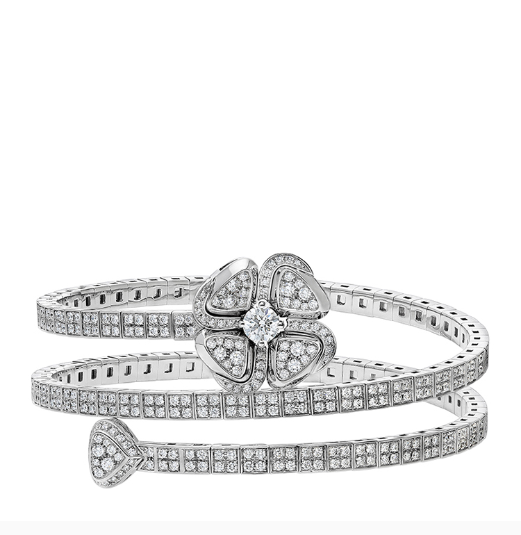 bvlgari/宝格丽 19新品 女士银色18k金镶钻幸运四叶草手镯 br858205
