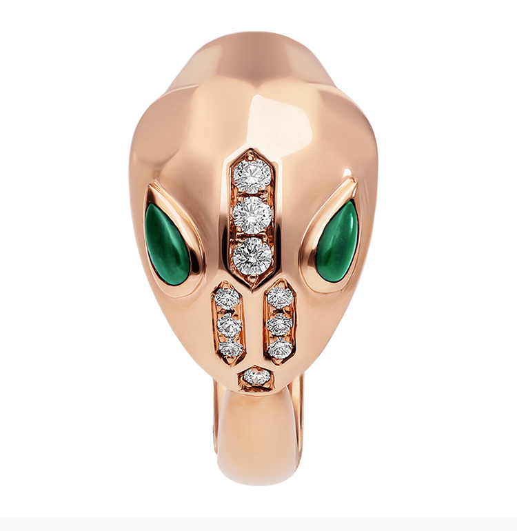 bvlgari/宝格丽 serpenti系列 女士玫瑰金色18k金孔雀绿镶钻蛇头指环