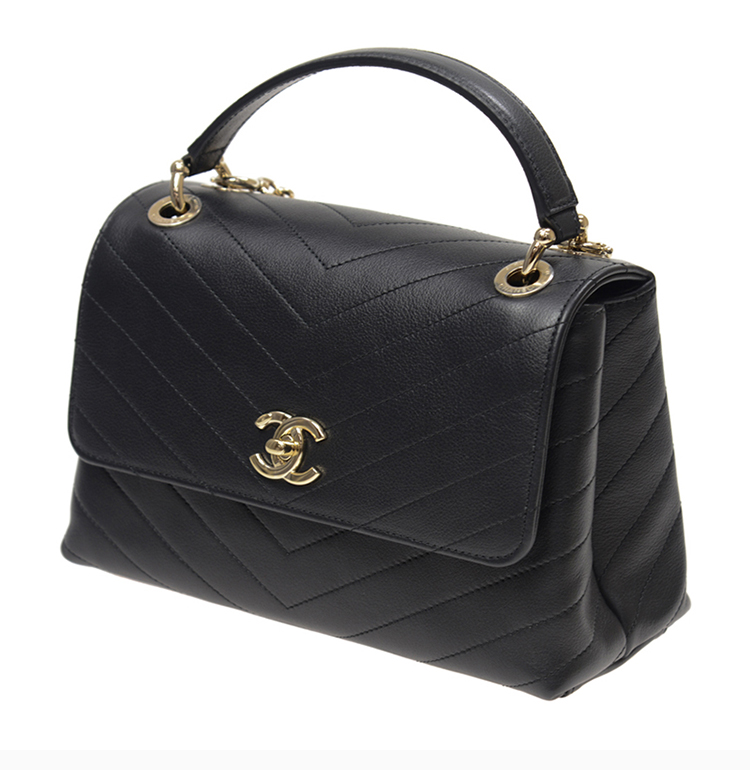 chanel/香奈儿 19秋冬 女士黑色牛皮经典logo金扣挎包手提包