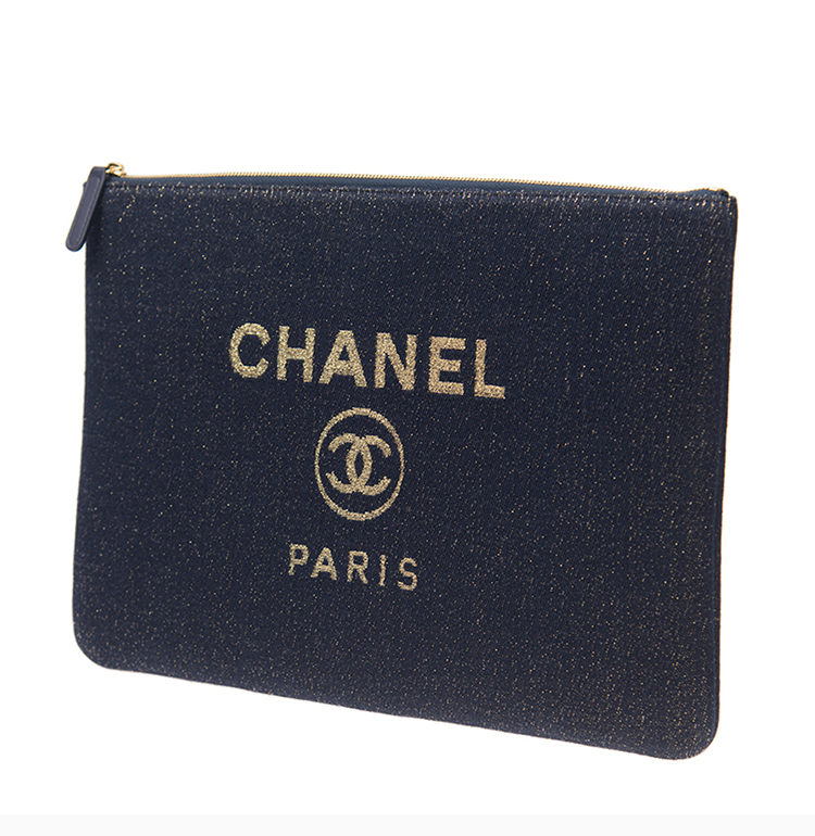 【包税】Chanel/香奈儿   女士蓝色经典logo标识帆布手拿包