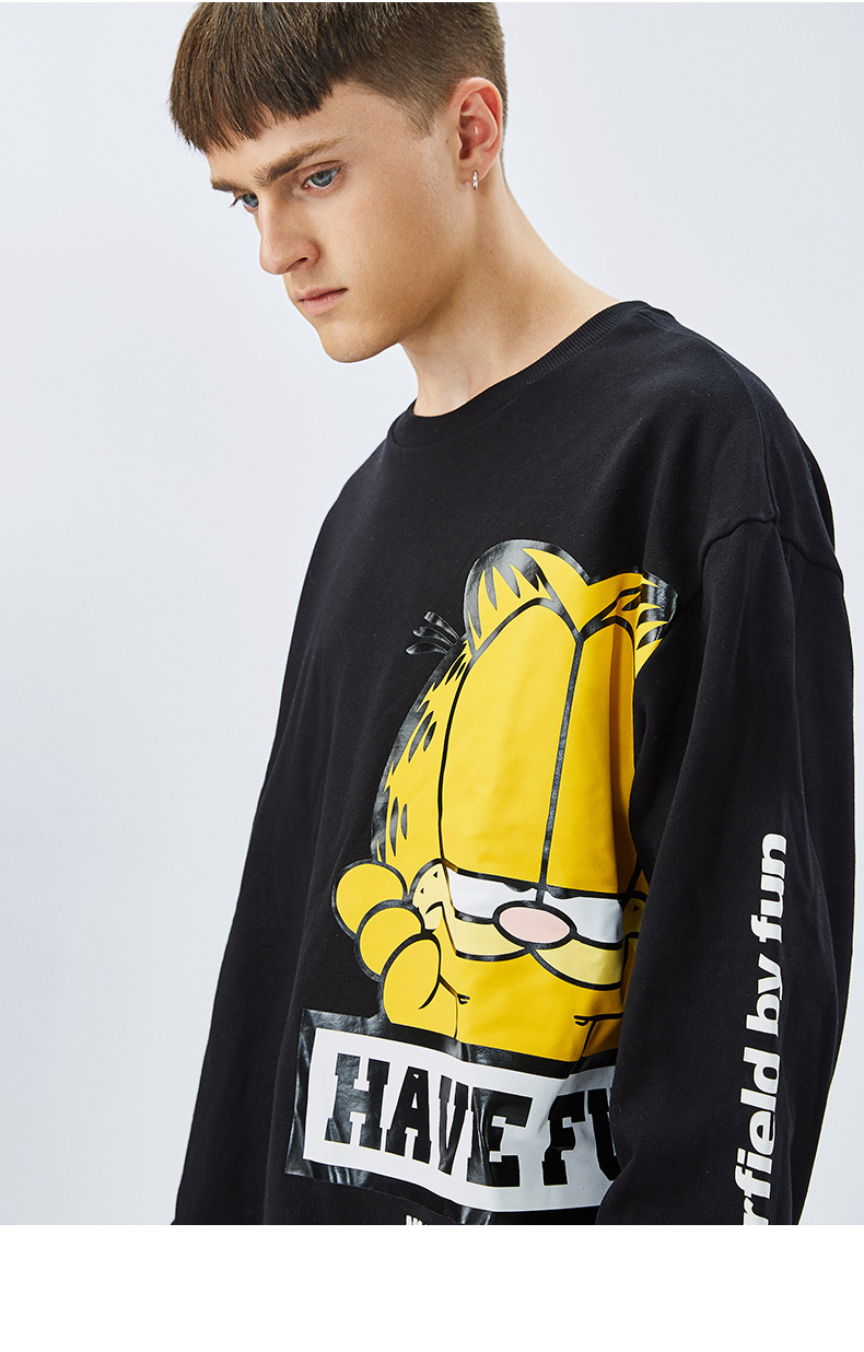 fun潮牌卫衣男圆领套头加菲猫情侣外套春秋长袖加绒保暖可爱嘻哈上衣