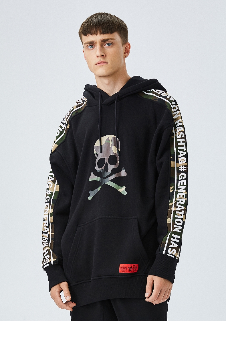 fun潮牌卫衣男秋季新款骷髅头印花黑色休闲宽松男装学生旅游上衣