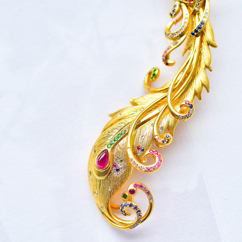 wanxinglong/万兴隆 18k金镶嵌凤凰胸针 天然a货翡翠