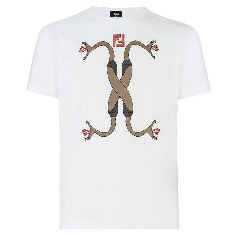 fendi/芬迪男装 男士ff logo 动物印花白色棉质圆领短袖t恤 faf532-a