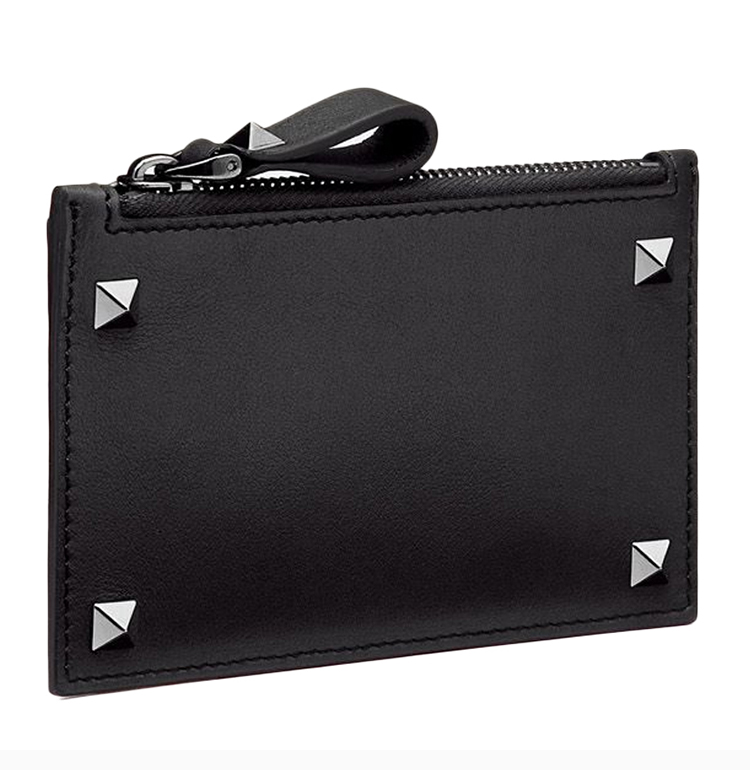 valentino/华伦天奴 20春夏 男士黑色牛皮经典铆钉装饰卡包手拿包