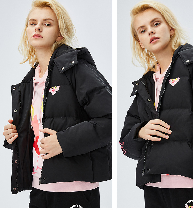 fun潮牌羽绒服秋冬新款粉红豹联名保暖连帽白鸭绒短款显高潮酷外套女