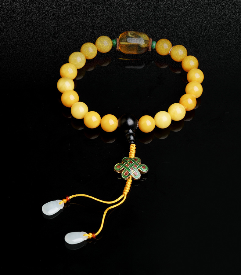 textiles/绣花张 天然蜜蜡琥珀十八子手持配银鎏金一线药师文玩手串