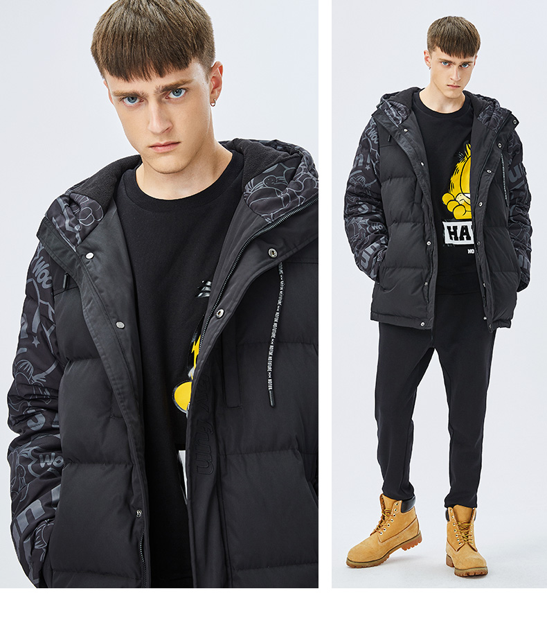 fun潮牌中长款羽绒服男加厚连帽加菲猫外套保暖2019冬季鸭绒袄青年潮