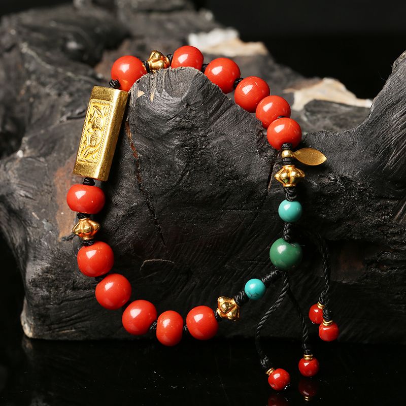 zhangs textiles/绣花张 设计款天然老珊瑚配24k金手串【北京极速达