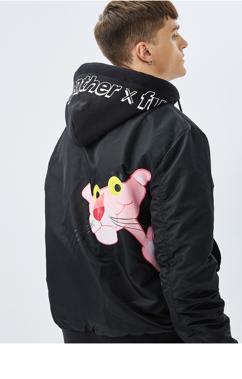 fun潮牌棉服男秋冬新款粉红豹联名宽松连帽棉衣保暖外套黑ins棒球服