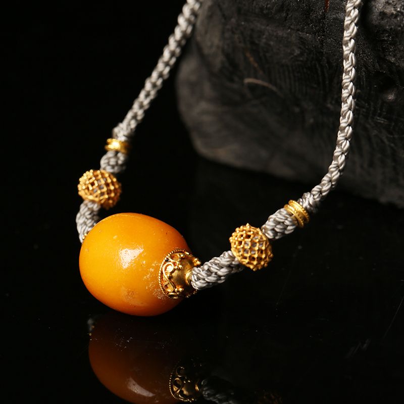 zhangs textiles/绣花张 设计款天然老蜜蜡配24k纯金吊坠项链