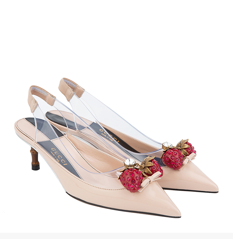 gucci/古驰 女士皮质草莓装饰尖头细跟凉鞋高跟鞋浅口女鞋 575846-98