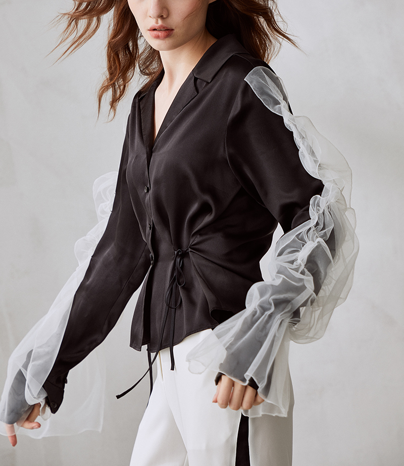 lab/私奔】秀场款网纱花朵袖真丝女士长袖衬衫(7-15天发货)