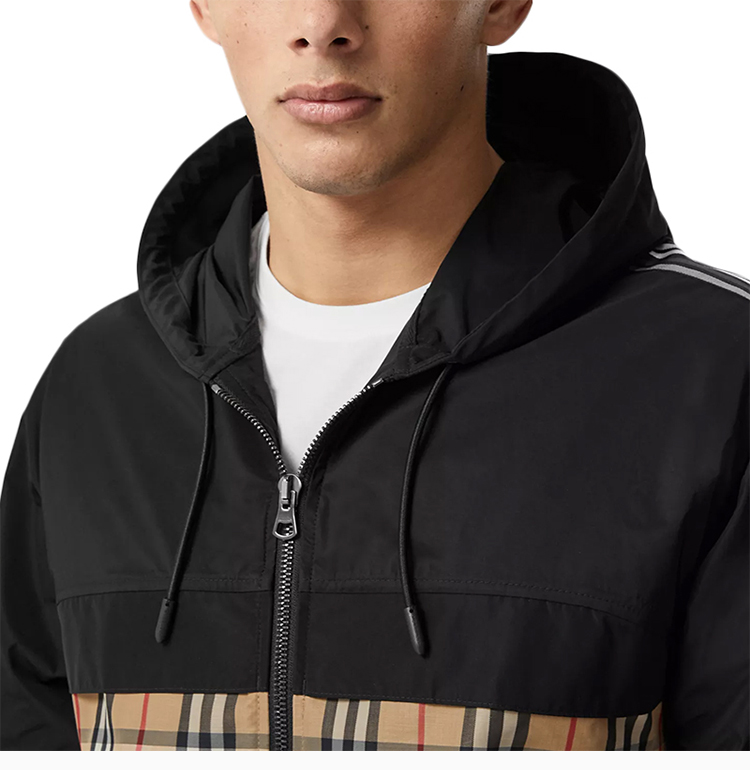 burberry/博柏利 男装 服装 黑色经典格纹拼接裁片连帽 男士夹克外套