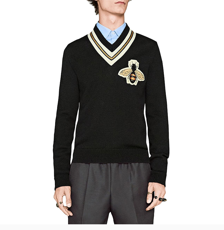 【包税】gucci/古驰 20春夏 鹿晗同款 男士蜜蜂刺绣时尚休闲羊毛毛衣