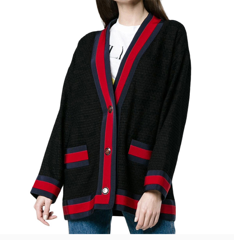 【包税】gucci 古驰 女装 服装 黑色棉质滚边花呢开衫 女士针织衫毛衣