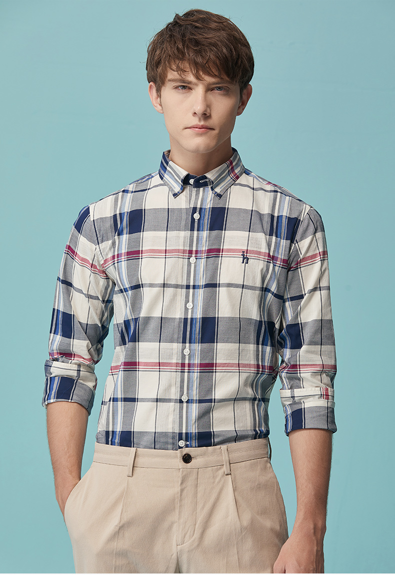 hazzys/哈吉斯春季新款男士长袖衬衫英伦时尚大格纹长袖衬衫asczk19ak