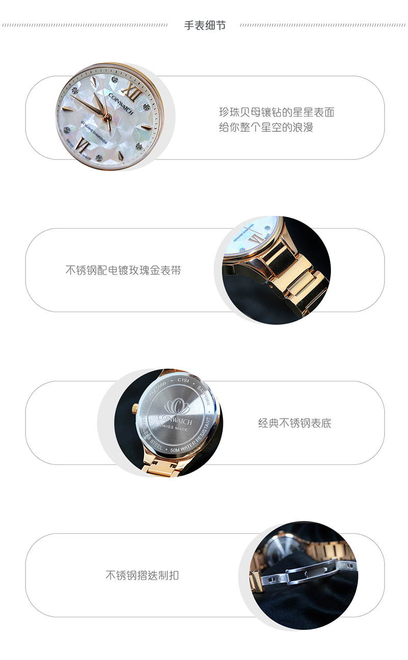 COINWATCH/瑞士科因沃奇伊莎系列白贝母镶钻满天星女装腕表C194RWH