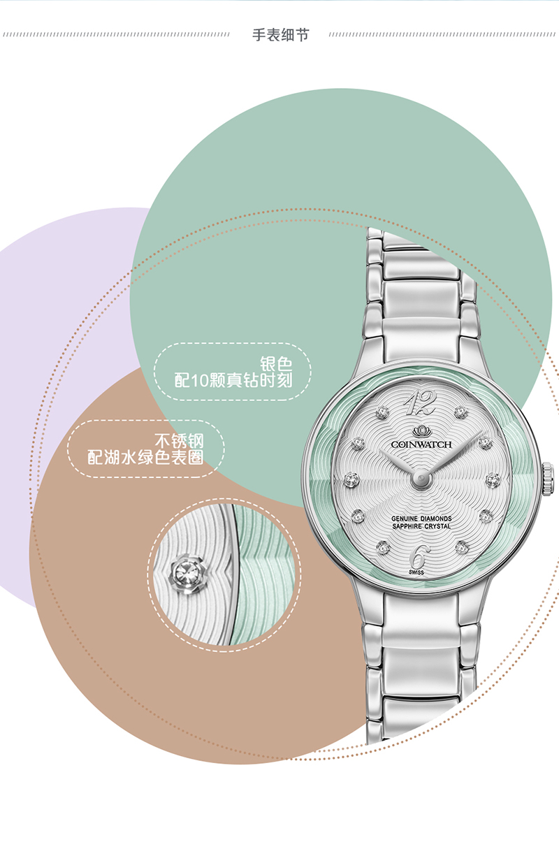 COINWATCH/瑞士科因沃奇伊莎系列清新淡雅薄荷绿镶钻女装腕表C175SGN