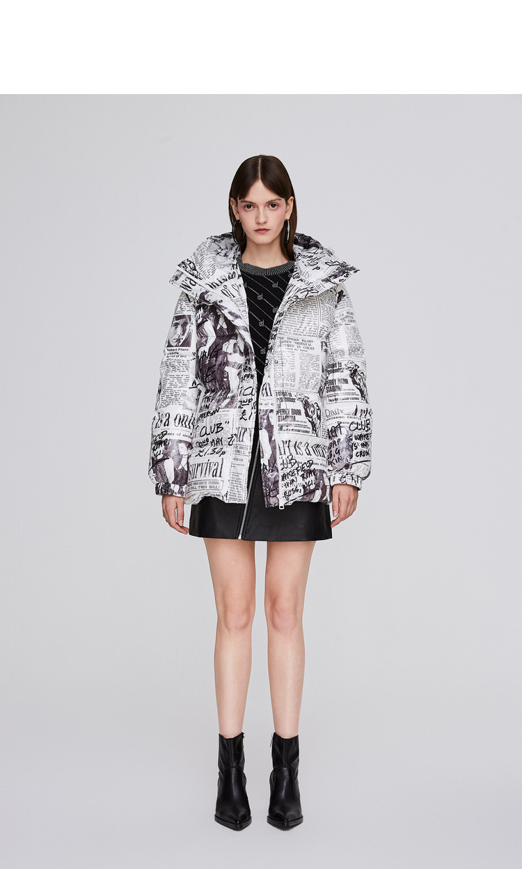 dzzit/dzzit地素 19冬复古报纸风印花连帽女士羽绒服 女士外套 羽绒